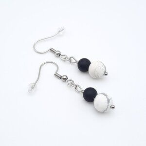 White Howlite Chakra Gemstone Black Minimalist Drop Earrings Handmade Jewelry